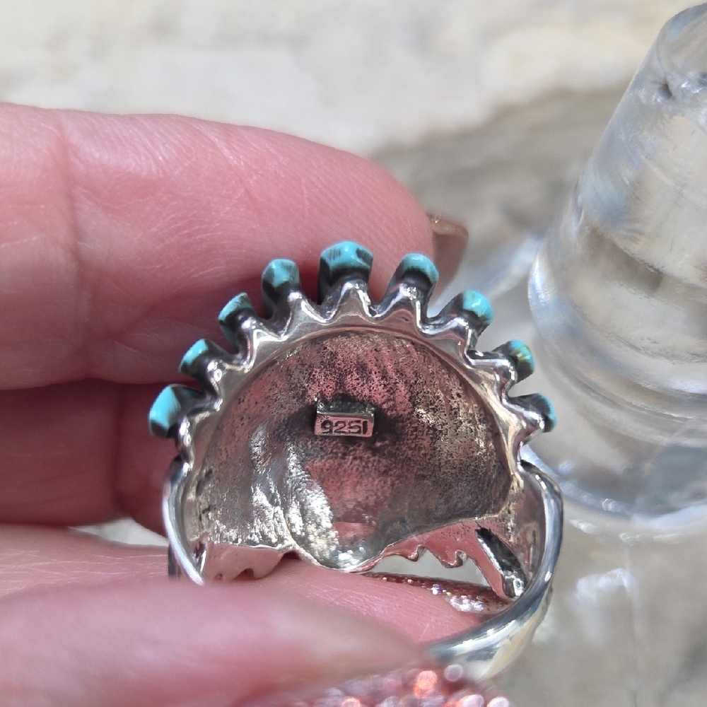 925 Sterljng Silver Turquoise and Coral Native American Chief Ring - Picture 6 of 7